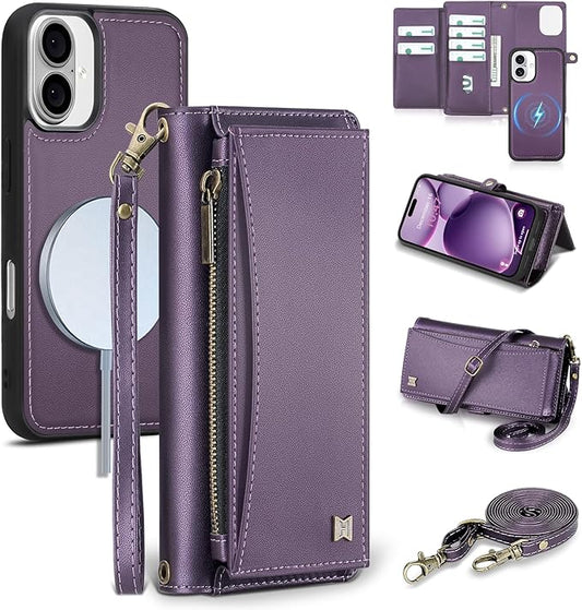 Wallet Case for iPhone 16 Plus with Card Holder/Crossbody Wallet/Strap| RFID Blocking | Magnetic | Kickstand | Detachable | PU Leather Phone Case for iPhone 16 Plus,6.7 in,Purple