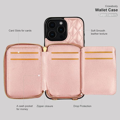 Bocasal Crossbody Wallet Case for iPhone 16 Pro Max, RFID Blocking PU Leather Zipper Handbag Purse Flip Cover, Kickstand Folio Case with Card Slots Holder Wrist Strap Lanyard 5G 6.9 Inch (Rose Gold)