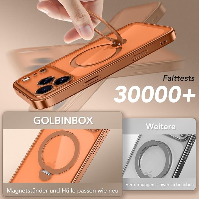 GolbinBox for iPhone 17 Pro Case with 360° Spin Magnetic Stand,[Compatible with Magsafe] [Military Protection][Built-in Ring Holder] Camera Control Phone Case for 17 Pro,Cosmic Orange/Clear