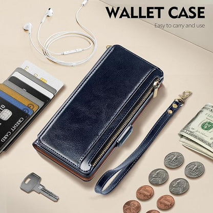 Antsturdy Compatible with iPhone 14 Wallet Case RFID Blocking,PU Leather Phone Case Women Men Flip Shockproof Cover with Wrist Strap Zipper Pocket Credit Card Holder Slots,for Apple 14 6.1" Dark Blue