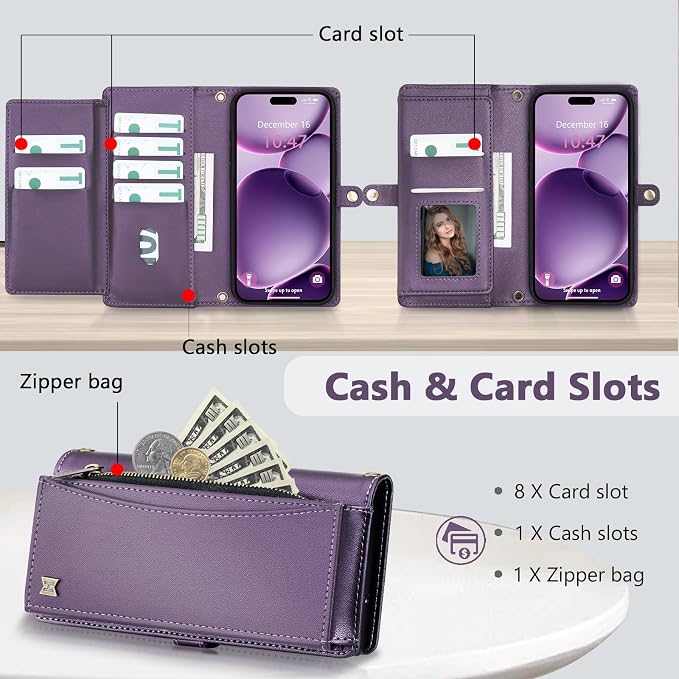 Wallet Case for iPhone 16 Plus with Card Holder/Crossbody Wallet/Strap| RFID Blocking | Magnetic | Kickstand | Detachable | PU Leather Phone Case for iPhone 16 Plus,6.7 in,Purple