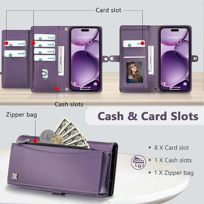 Wallet Case for iPhone 16 Plus with Card Holder/Crossbody Wallet/Strap| RFID Blocking | Magnetic | Kickstand | Detachable | PU Leather Phone Case for iPhone 16 Plus,6.7 in,Purple