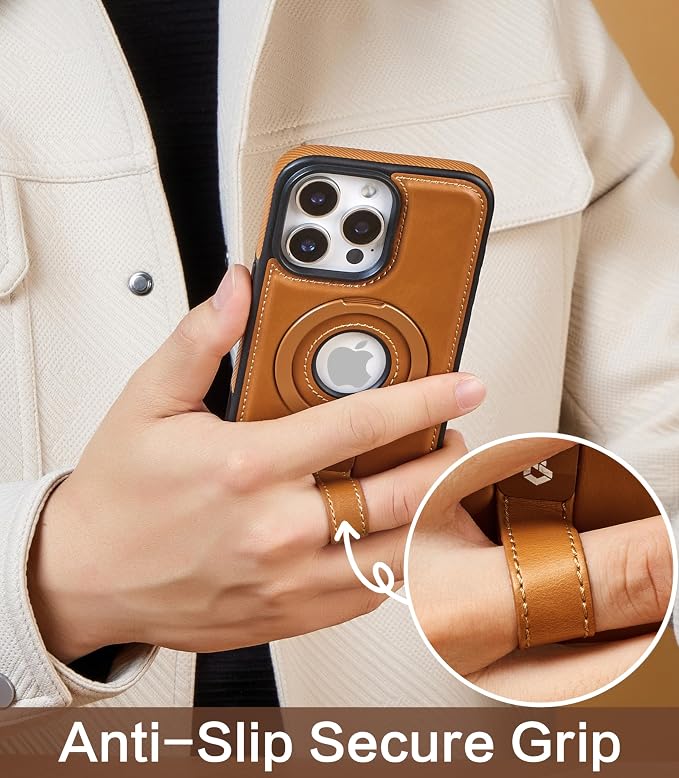 for iPhone 16 Pro Max Leather Case with Stand, Anti-Slip Grip Ring, Fits for MagSafe (Brown, iPhone 16 Pro Max)