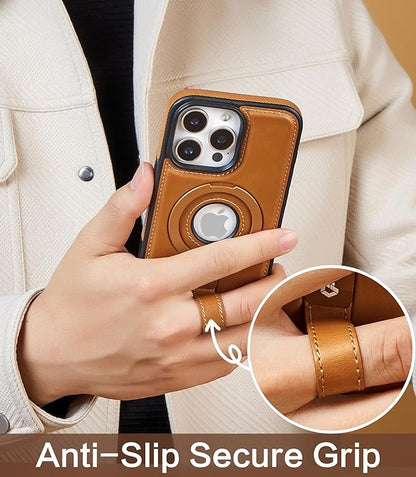 for iPhone 16 Pro Leather Case with Stand, Anti-Slip Grip Ring, Fits for MagSafe (Brown, iPhone 16 Pro)