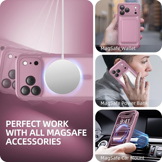 BERFY for iPhone 17 Pro Case, Compatible with MagSafe, Built-in Glass Screen Protector, Camera Protection, Shockproof Full Body Phone case 6.3", Translucent Palevioletred