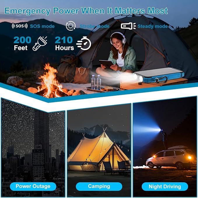 Solar Charger Power Bank 20000mAh, Wireless Fast Charging Battery Pack with 3 Built-in Cables & USB-C Input, Dual LED Flashlights, Portable Phone Charger for Camping, Travel & Emergency Use (Blue)