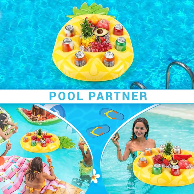 FillTouch Floating Drink Holder for Pool, Floating Cabana Bar, Hot Tub Drink Holder for Adults, Inflatable Pool Accessories(Classic Pineapple)