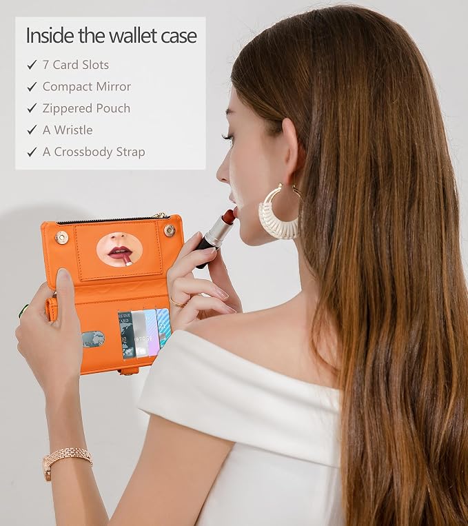Rssviss Crossbody Wallet Case for iPhone 17 Pro Max 6.9", with Make Up Mirror, Wrist Strap, Zipper Purse Magnetic Flip, RFID Blocking Card Holder Kickstand, PU Leather Shockproof Women, Orange