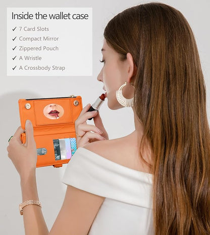 Rssviss Crossbody Wallet Case for iPhone 17 Pro Max 6.9", with Make Up Mirror, Wrist Strap, Zipper Purse Magnetic Flip, RFID Blocking Card Holder Kickstand, PU Leather Shockproof Women, Orange