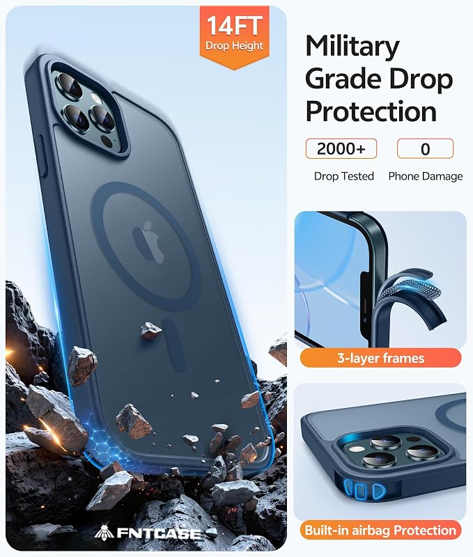 FNTCASE for iPhone 12 Pro Max Case: [Compatible with Magsafe] Translucent Matte Magnetic Phone Cover - Military Grade Drop Protection Shockproof Protective Cases - Blue