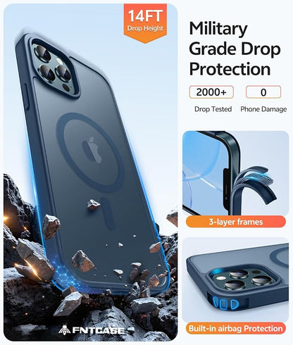 FNTCASE for iPhone 12 Pro Max Case: [Compatible with Magsafe] Translucent Matte Magnetic Phone Cover - Military Grade Drop Protection Shockproof Protective Cases - Blue