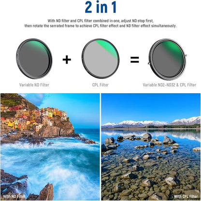NEEWER 2 in 1 52mm Variable ND Filter ND2–ND32&CPL Filter(Circular Polarising) No X Cross/30 Layer Nano Coated/HD Optical Glass/Water Repellent/Scratch Resistant Polarizing Filter