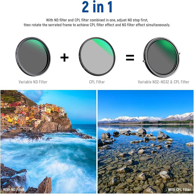 NEEWER 2 in 1 72mm Variable ND Filter ND2–ND32&CPL Filter(Circular Polarizer Filter) No X Cross/30 Layer Nano Coated/HD Optical Glass/Ultra Slim Aluminum Alloy Frame/Water Repellent/Scratch Resistant