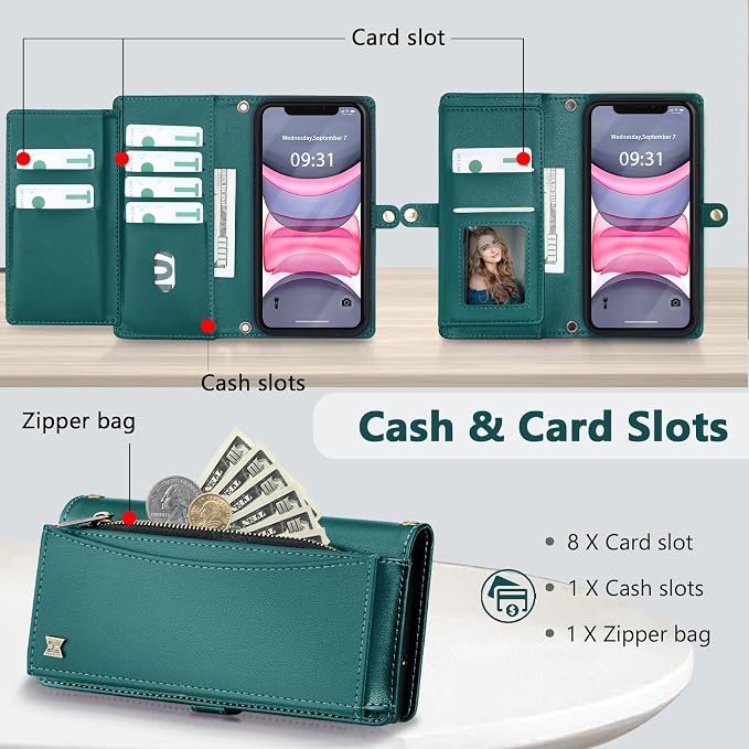Wallet Case for iPhone 11 with Card Holder/Crossbody Wallet/Strap| RFID Blocking | Magnetic | Kickstand | Detachable | PU Leather Phone Case for iPhone 11,6.1 in,Green