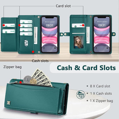 Wallet Case for iPhone 11 with Card Holder/Crossbody Wallet/Strap| RFID Blocking | Magnetic | Kickstand | Detachable | PU Leather Phone Case for iPhone 11,6.1 in,Green