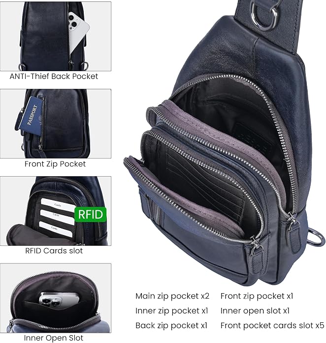 HESHE Leather Sling Bag for Women Crossbody Bags with Multi-Pocket Stylish Fanny Packs for Travel Chest Bag