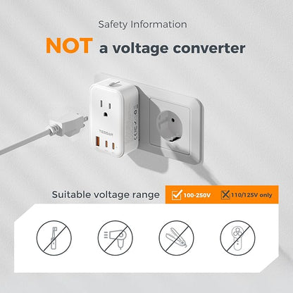 TESSAN Universal Travel Adapter PD 20W, International Power Adapter with 2 USB C 1 USB A Charging Ports, Worldwide Power Outlet Travel Essentials for US to EU UK AUS Scotland (Type C G A I), White