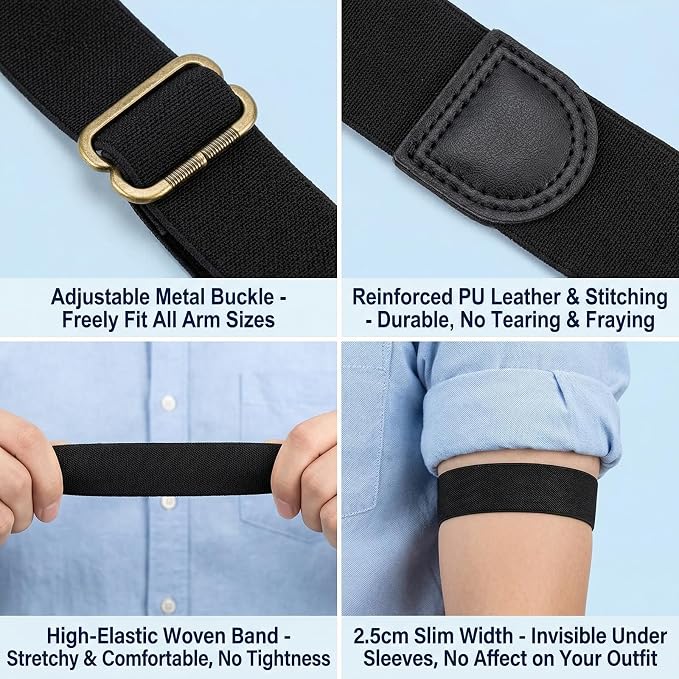 4 Pcs Unisex Elastic Adjustable Armbands Anti-Slip Shirt Sleeve Holders Arm Shirt Garters Hold Up Sleeve Garters Elastic Armbands (Black+White)