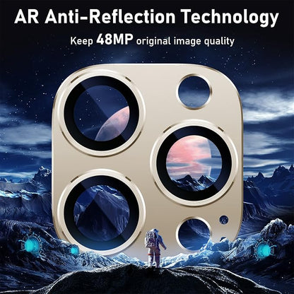 UniqueMe for iPhone 13 Pro/iPhone 13 Pro Max Camera Lens Protector, [Strong Drop Protection] [Not Easy to Fall-off] Metal Ring Tempered Glass Rear Camera Screen Cover - Gold