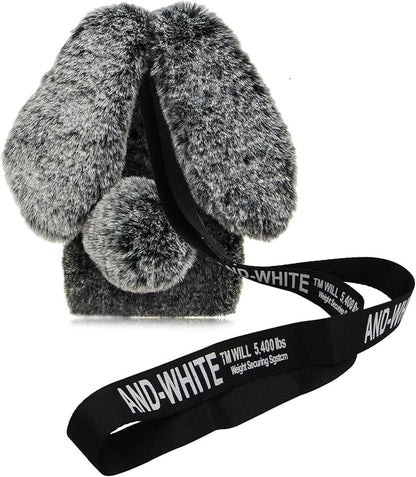 Rabbit Ear Case for iPhone 14 6.1, Crossbody Strap Case Fuzzy Fluffy Cute Women Girls Kids Plush Ball Bunny Fur Phone Case Shockproof Silicone Bumper Protective Cover,Dark Grey