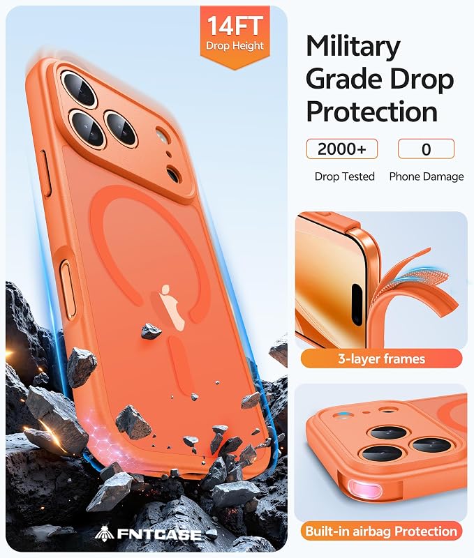 FNTCASE for iPhone 17 Pro Max Case: [Compatible with Magsafe] Translucent Matte Cases with [Full Camera Protection] [Screen Protector] Military Grade Shockproof Protective Phone Cover - Orange