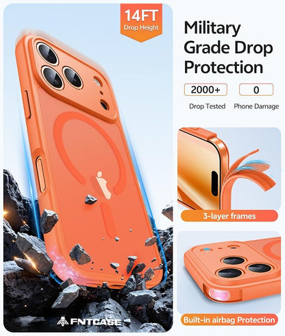 FNTCASE for iPhone 17 Pro Max Case: [Compatible with Magsafe] Translucent Matte Cases with [Full Camera Protection] [Screen Protector] Military Grade Shockproof Protective Phone Cover - Orange
