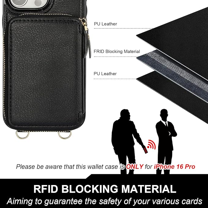 Bocasal for MagSafe Crossbody Wallet Case Compatible with iPhone 16 Pro, RFID Blocking Protective Purse Case with Card Slots Holder Kickstand Wrist Strap Lanyard Zipper 6.3 Inch 5G (Black)