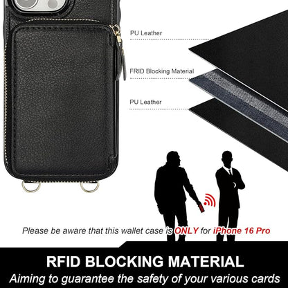Bocasal for MagSafe Crossbody Wallet Case Compatible with iPhone 16 Pro, RFID Blocking Protective Purse Case with Card Slots Holder Kickstand Wrist Strap Lanyard Zipper 6.3 Inch 5G (Black)