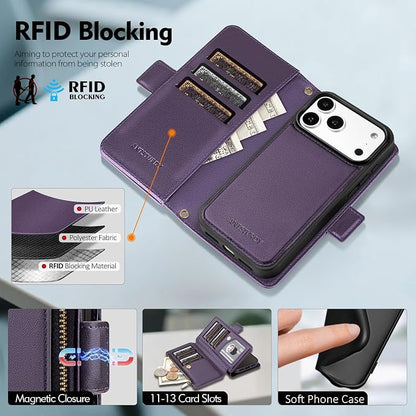 Antsturdy Compatible with Magsafe Magnetic 2 in 1 Detachable iPhone 17 Pro Wallet Case with Credit Card Holder Slots,PU Leather RFID Blocking Phone Cover Wrist Strap Zipper Women Men,Purple