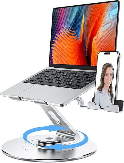 Laptop Stand with Phone Holder, Adjustable Laptop Stand, Aluminum Computer Mount Holder, Ergonomics Laptop Riser for Desk, Lectern Stand Fits MacBook, up to 17.3" All Notebooks Silver