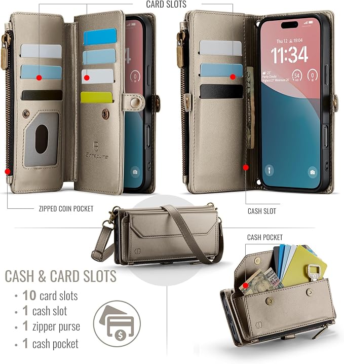 Strapurs Wallet Case Compatible with iPhone 16 Plus 6.7" RFID Blocking 10-Card Holder Soft PU Leather Magnetic Snap Shoulder Strap Zipper Pocket Phone Case Fit for iPhone 16 Plus - Desert Titanium