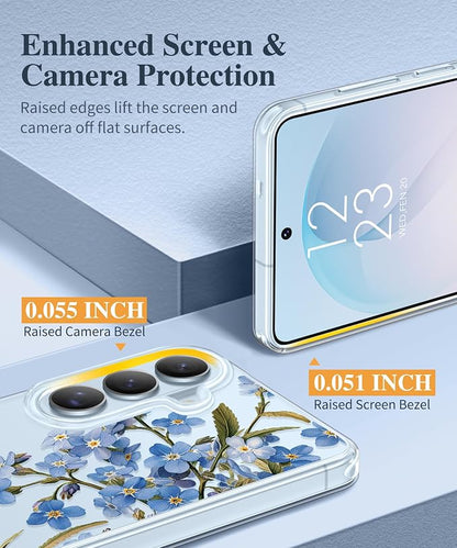 GVIEWIN for Samsung Galaxy S26 Case, Clear Floral Slim Shockproof Protective Women Phone Case, Non-Yellowing, with Screen Protector & Camera Lens Protector for Galaxy S26 6.3", Aconite/Blue