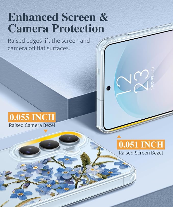 GVIEWIN for Samsung Galaxy S26 Plus Case, Clear Floral Slim Shockproof Protective Women Phone Case, Non-Yellowing, with Screen Protector&Camera Lens Protector for S26 Plus 6.7", Aconite/Blue