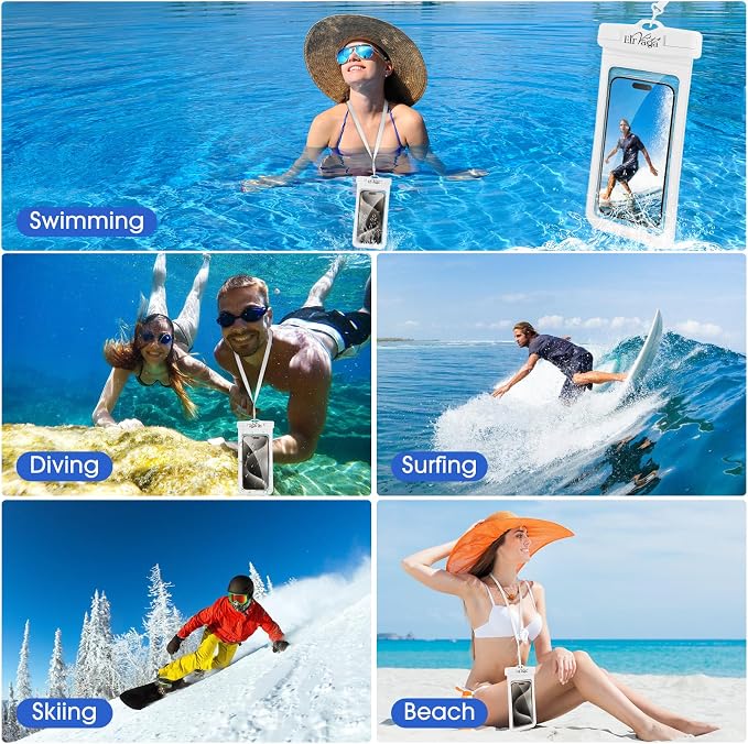2 Pack IPX8 Waterproof Phone Pouch for iPhone 16/15/14/13 Pro Max Plus (7.2 Inch) - Swimming, Diving, Snorkeling, Snowproof - Touchscreen Friendly Underwater Photography Dry Bag (White&White)
