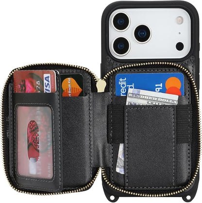 Crossbody Wallet Case for iPhone 17 Pro, PU Leather Zipper Handbag Purse Flip Cover, Kickstand Folio Case with Card Slots Holder Wrist Strap Lanyard 5G 6.3 Inch-Black