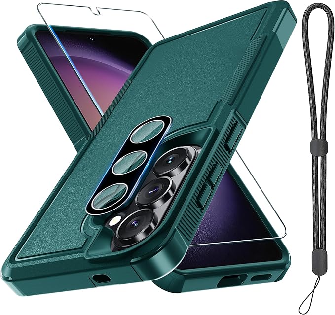 for Samsung Galaxy S26+ Plus Case with Screen Protector+Camera Lens Cover,Military Grade Heavy Duty Shockproof Phone Cover with Wrist Lanyard Strap for Samsung S26Plus,Dark Green