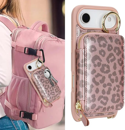 Crossbody Wallet Case for iPhone Air, PU Leather Zipper Handbag Purse Flip Cover, Kickstand Folio Case with Card Slots Holder Wrist Strap Lanyard 5G 6.5 Inch-Pink Leopard