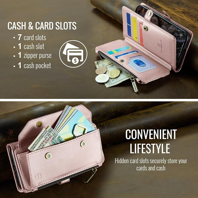 Strapurs Crossbody Wallet Case Compatible with iPhone SE/7/8 RFID Blocking 7-Card Holder Soft PU Leather Magnetic Snap Shoulder Strap Zipper Pocket Phone Cases Fit for iPhone SE 2020 2022 - Rose Gold