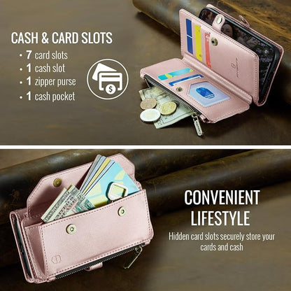 Strapurs Crossbody Wallet Case Compatible with iPhone SE/7/8 RFID Blocking 7-Card Holder Soft PU Leather Magnetic Snap Shoulder Strap Zipper Pocket Phone Cases Fit for iPhone SE 2020 2022 - Rose Gold