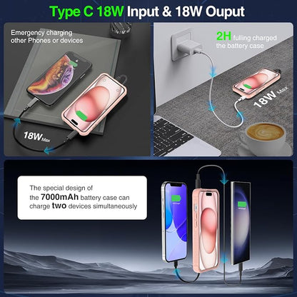 GIN FOXI Battery Case for iPhone 15/15 Pro, Charging Case Charger 7000mAh Portable Rechargeable Cover 15W Fast Ultra Slim Extended Battery Pack Juice Box Built-in Cable, Pink(6.1”)