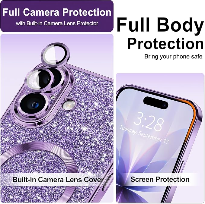 Hython for iPhone 17 Case Glitter Clear Magnetic Phone Cases [Compatible with MagSafe] Full Camera Lens Protector Sparkle Luxury Plating Slim Shockproof Protective Cover Women, Purple