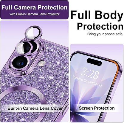 Hython for iPhone 17 Case Glitter Clear Magnetic Phone Cases [Compatible with MagSafe] Full Camera Lens Protector Sparkle Luxury Plating Slim Shockproof Protective Cover Women, Purple