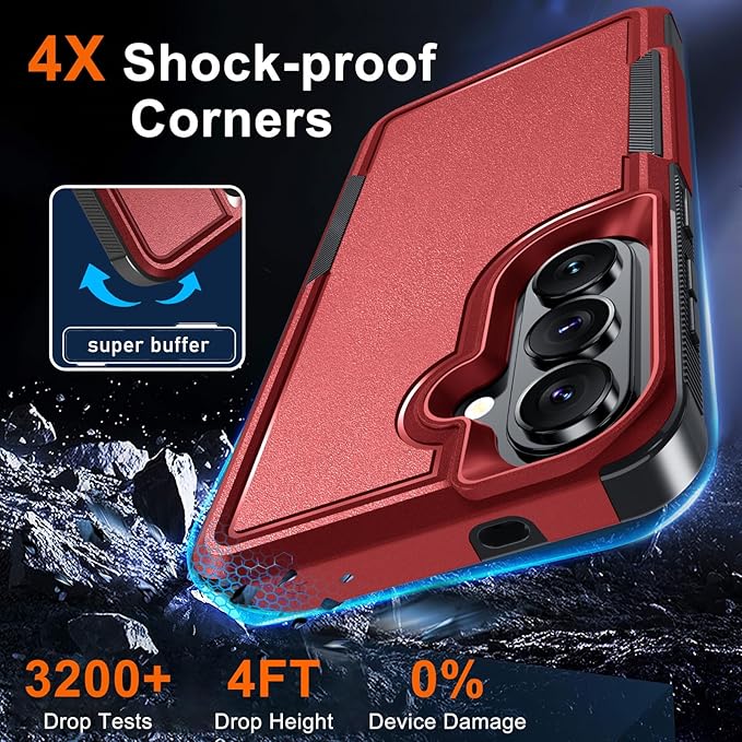 for Samsung Galaxy S26+ Plus Case with Screen Protector+Camera Lens Cover,Military Grade Heavy Duty Shockproof Phone Cover with Wrist Lanyard Strap for Samsung S26Plus,Red