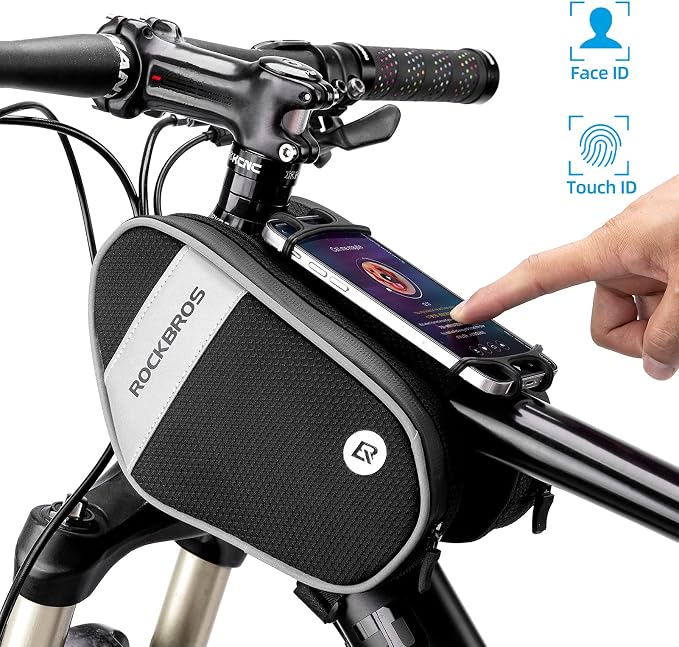 ROCKBROS Bike Front Frame Bag Top Tube Bike Phone Mount Bag Waterproof Bicycle Handlebar Cycling Accessories Pouch with 360° Rotation Phone Holder Fit Smartphone Below 7''