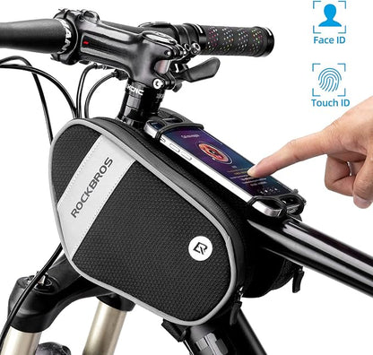 ROCKBROS Bike Front Frame Bag Top Tube Bike Phone Mount Bag Waterproof Bicycle Handlebar Cycling Accessories Pouch with 360° Rotation Phone Holder Fit Smartphone Below 7''