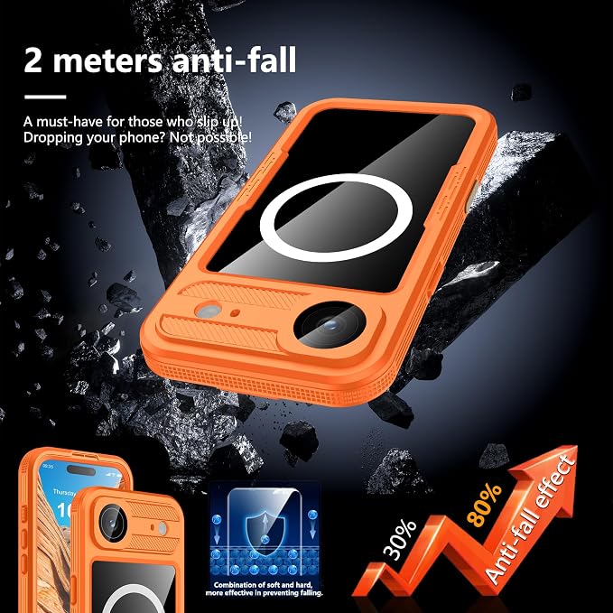 GOLDJU Magnetic for iPhone Air Case-Waterproof, Built-in Screen & Camera Protector-IP68 Underwater Full Body 16FT Military Dropproof Shockproof Case for iPhone 17 Air 6.5''- Orange