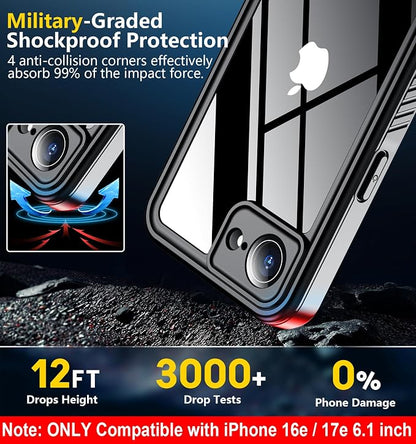 SPIDERCASE for iPhone 16e Case/iPhone 17e Case Waterproof,Built-in Screen & Camera Lens Protector[IP68 Underwater] Full Body Protection Phone Case for iPhone 16e/iPhone 17e 6.1'', Black/Clear