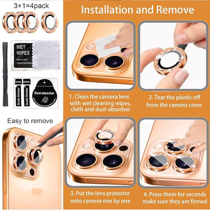 Compatible for iPhone 17/17 Pro/iPhone 17 Pro Max Camera Lens Protector Bling, Cute Sparkle Glitter Camera Cover for Women, Individual Ring, Anti-Scratch (3 Protectors + 1 Extra), Orange