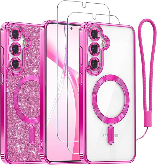 Meifigno Designed for Samsung Galaxy S25 Plus Case, [Compatible with MagSafe] [2X HD Screen Protectors] [Glitter Card & Wrist Strap] Surround Raised Lens Protection Case for S25 Plus 6.7", Hot Pink