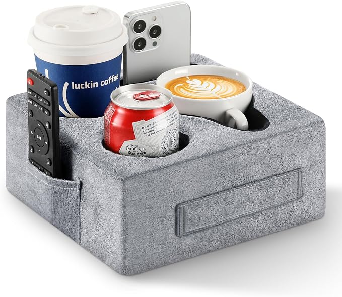 Luxspire Couch Cup Holder Tray, Couch Cup Holder Pillow with 4 Holes, Side Pocket and Handle, Couch Caddy Pillow for Phone/Drinks/Remote Control/Snacks, Gray
